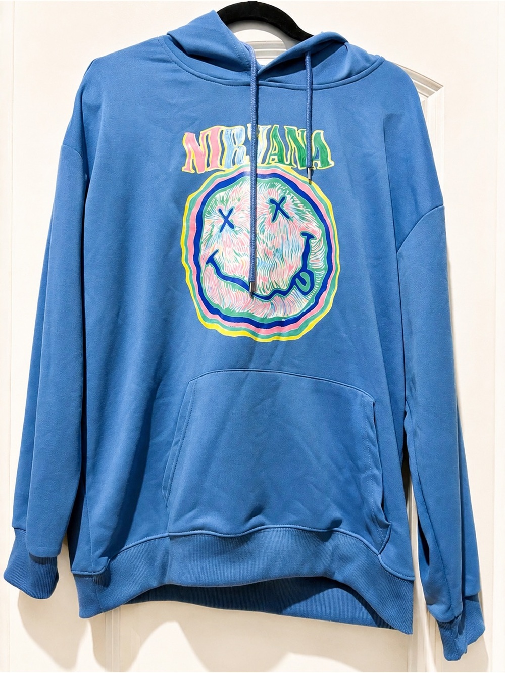 Nirvana Smiley Face Graphic Hoodie Blue Pullover Sweatshirt XL Grunge Y2K